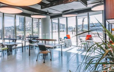 Modern open office space with large windows and chairs.