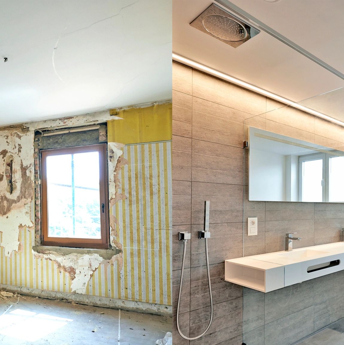 Split image showing a dilapidated room and a modern bathroom renovation.