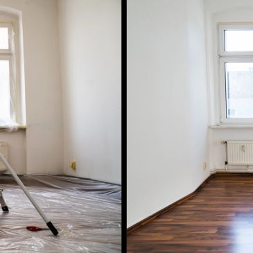 Room before and after renovation, showing floor and wall changes.
