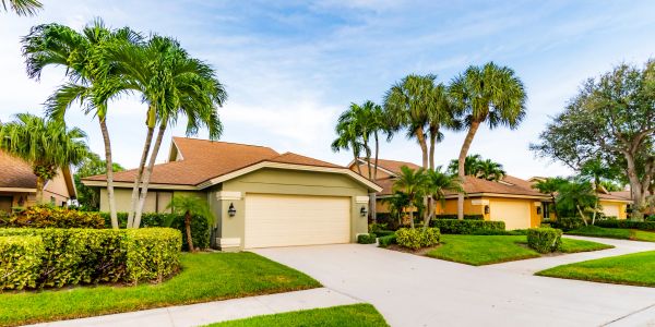 Suburban homes with palm trees and well-kept lawns.