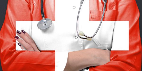 Medical professional with stethoscope and Swiss flag overlayed on their red attire.