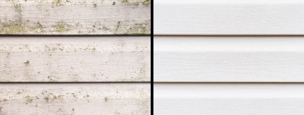 Side-by-side comparison of weathered and clean white siding.