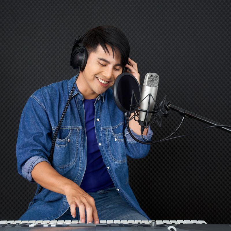 Young asian man playing an electric keyboard in front of black soundproofing walls. Musicians producing music in professional recording studio.