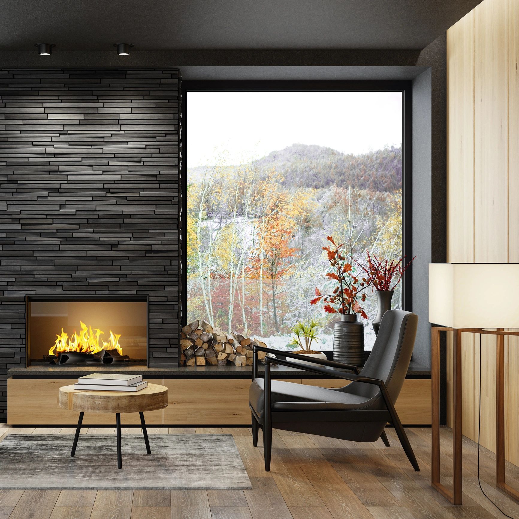 Modern living room with a fireplace and large window showing autumn trees.