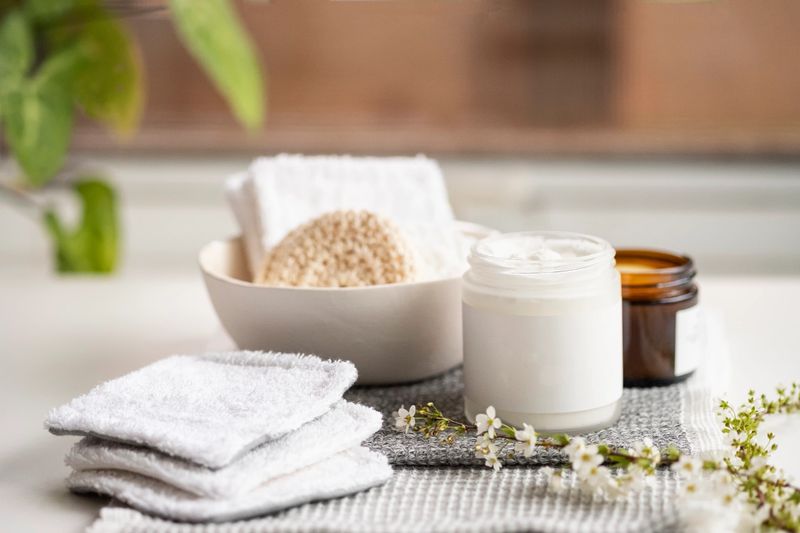 Vegan, natural creams on washi and bamboo fiber cleansing cloth.  Handmade makeup remover pads made with recycled towel and yarn