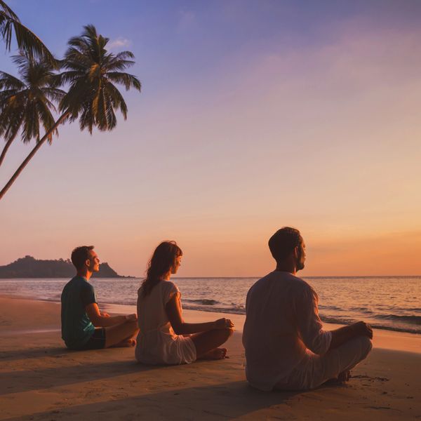 Three people meditating on a beach at sunset.