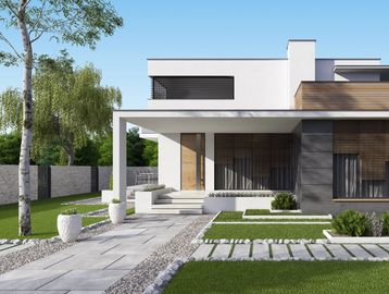 Modern house with a landscaped yard.