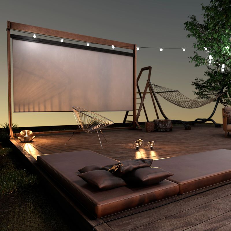 3D rendering of a home theater at night outside