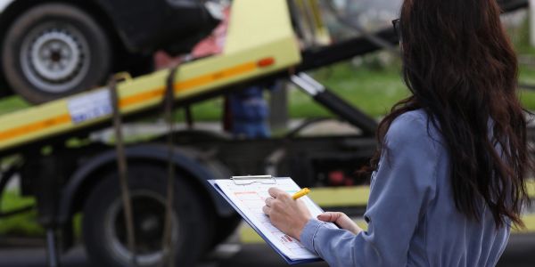 Person inspecting a vehicle on a tow truck and taking notes.