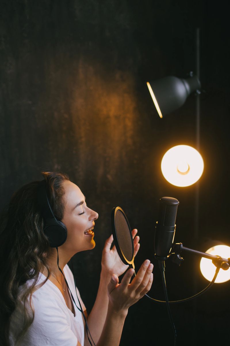 Young beautiful woman singing in microphone, recording voice in a studio with black walls and a lamp on the background.