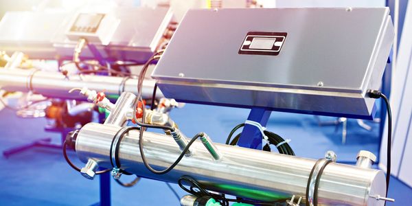 Industrial stainless steel machinery with control panels and wiring on a blue floor.