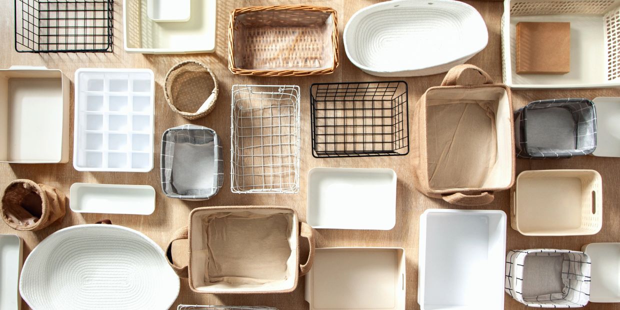 Various empty storage baskets arranged neatly.