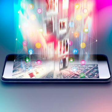 Smartphone displaying holographic icons and images above its screen.