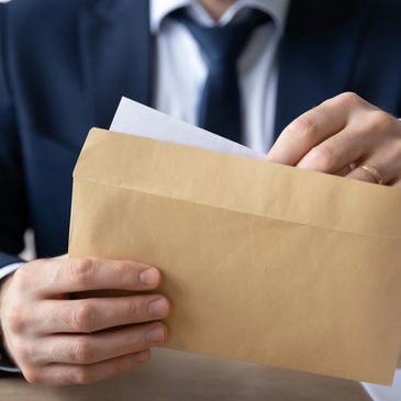 A man in a suit opening a large brown envelope at a desk.