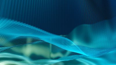 Abstract blue and green digital waves creating a flowing mesh pattern.