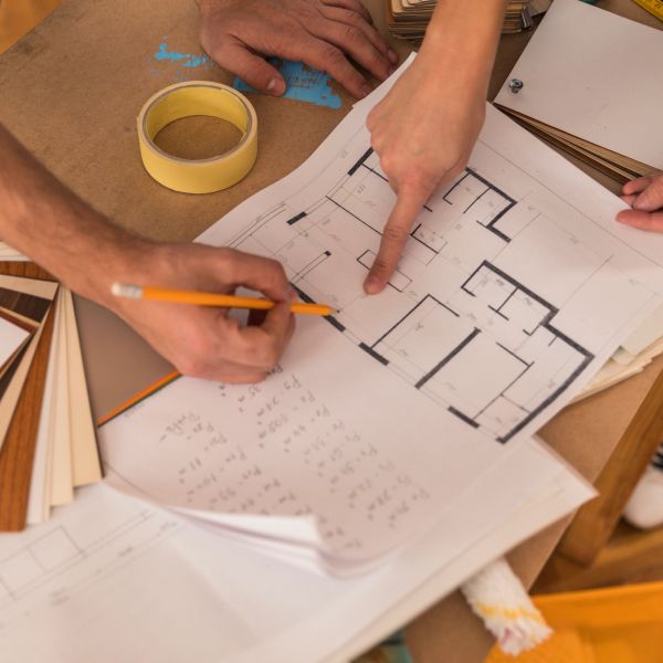 Hands pointing at architectural plans and calculations.