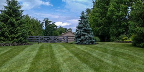 Well-manicured lawn with striped mowing pattern and a rustic wooden gate.