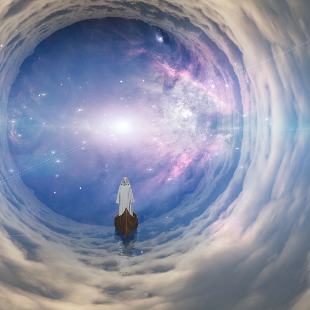 A hooded figure in a boat floating through a cosmic tunnel of clouds and stars.