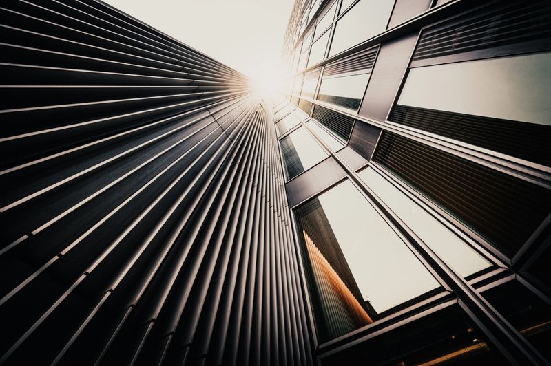 Office skyscraper Reflection in the sunlight. Frankfurt, Germany 2020