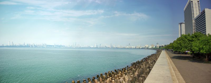 Panoramic shot of modern building by the seacoast of mumbai, India