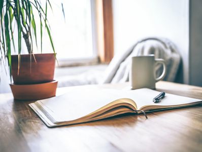 Open notebook with pen on wooden table, plant and mug in background.