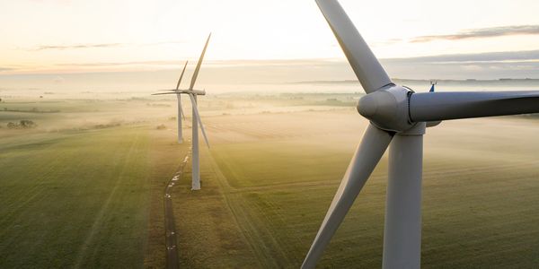 Wind turbines standing tall over misty green fields at sunrise.