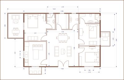 Architectural floor plan of a residential house with furniture layout.