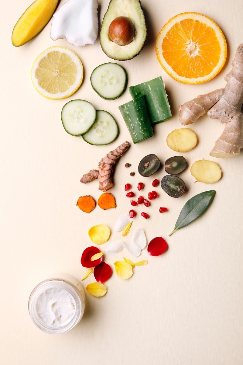 Organic, natural cosmetics with fruits and flower petals.