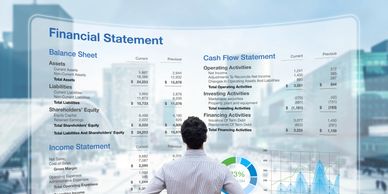 Person analyzing a detailed financial statement with balance sheet and cash flow data.