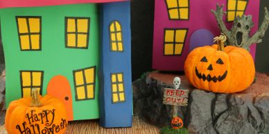 Halloween decorations, glowing lanterns.