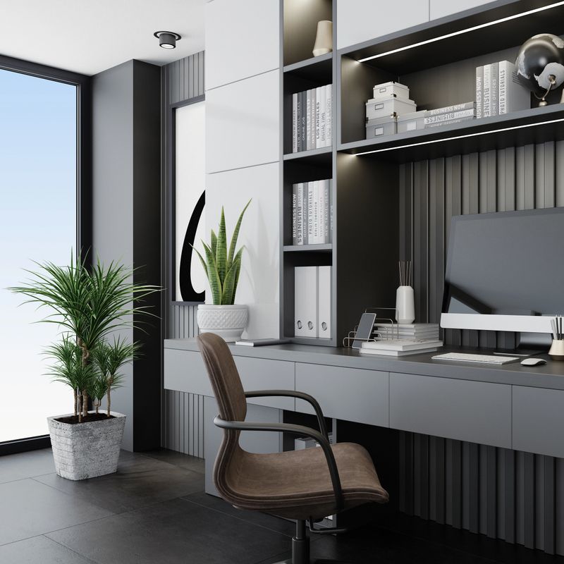 Modern and minimalist apartment interior living room with home office. Modern furniture. 3d renderings.