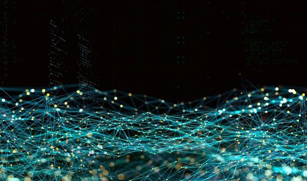 Visualization of a neural network with interconnected nodes and colorful layers.