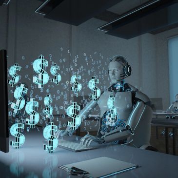 Robot trabajando con símbolos de dólar flotantes.