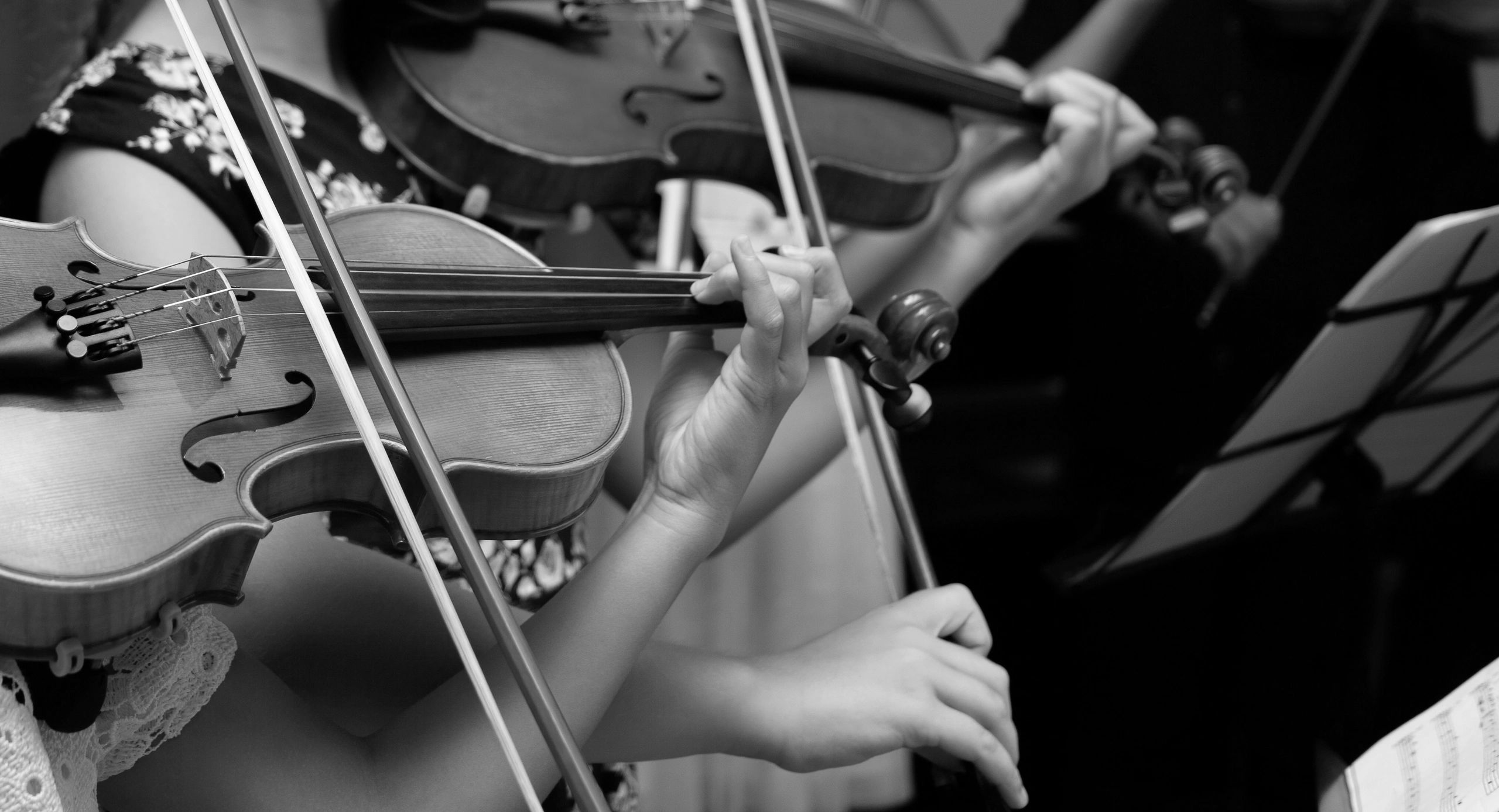 Close-up of musicians playing violins in an orchestra.