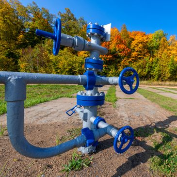 Blue industrial valves on pipes outdoors with autumn trees in the background.