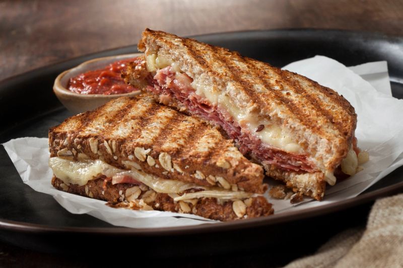 Italian Style Panini with Salami, Prosciutto, Mortadella, Brie and a Marinara Dipping Sauce