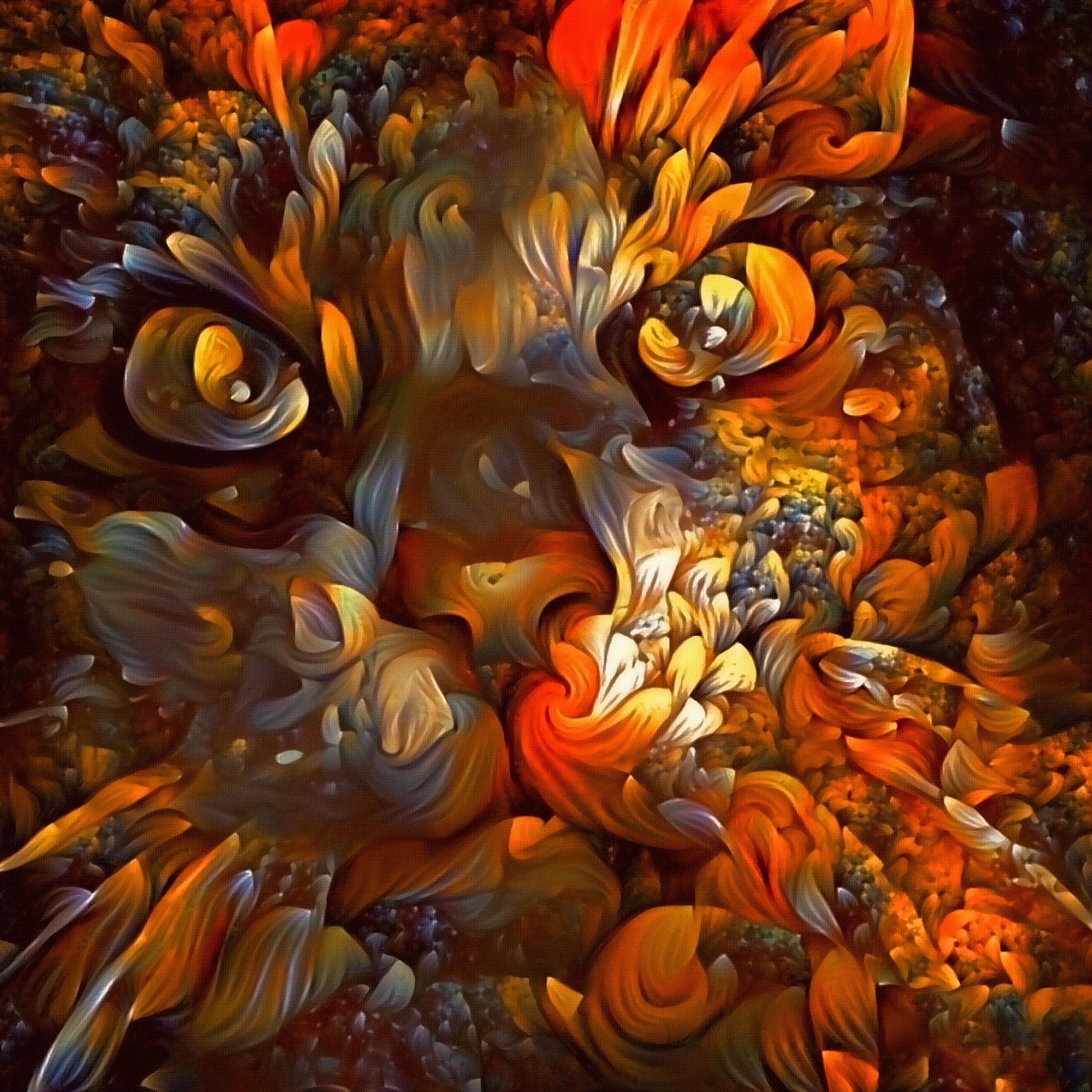 Abstract fiery artwork resembling a lion's face with swirling patterns.