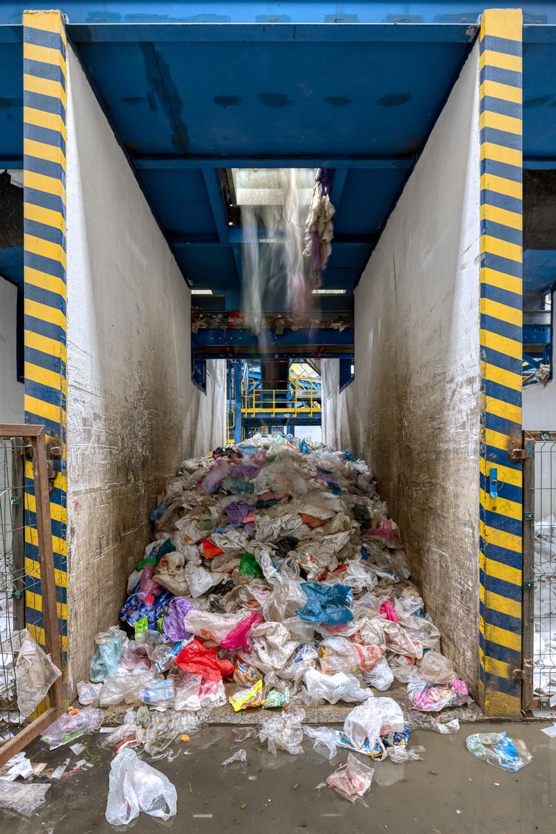 Bunker storage for sorted waste. Containers for plastic bags. Modern waste processing plant.