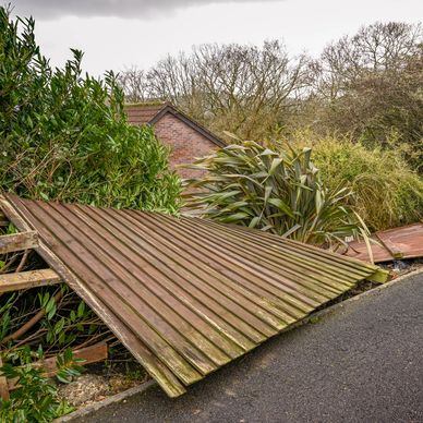Broken wooden fence panels lying on the ground beside a road.