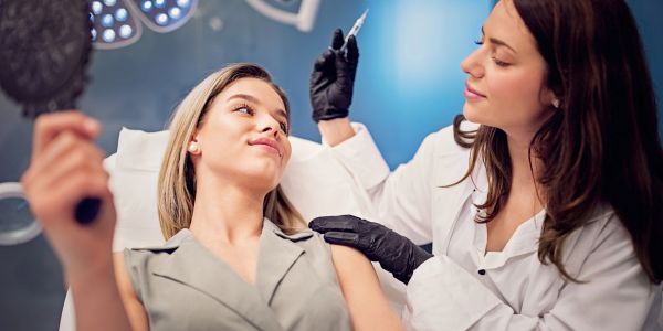 Woman patient holding mirror, doctor preparing injection.
