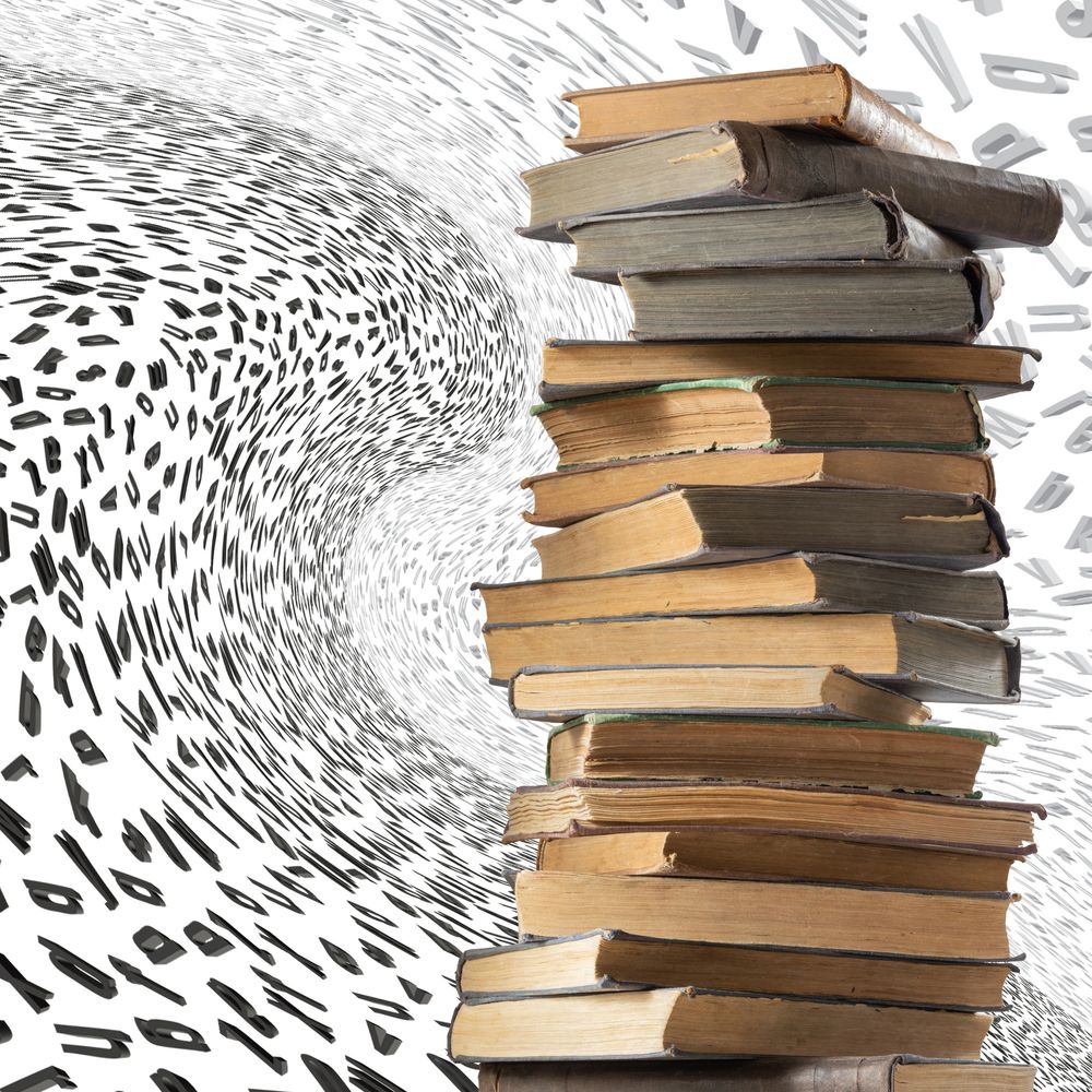Stack of old books with letters swirling in the background.