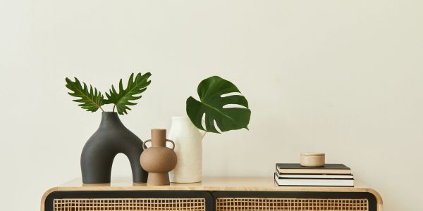 Decorative vases with green leaves on a wooden cabinet.