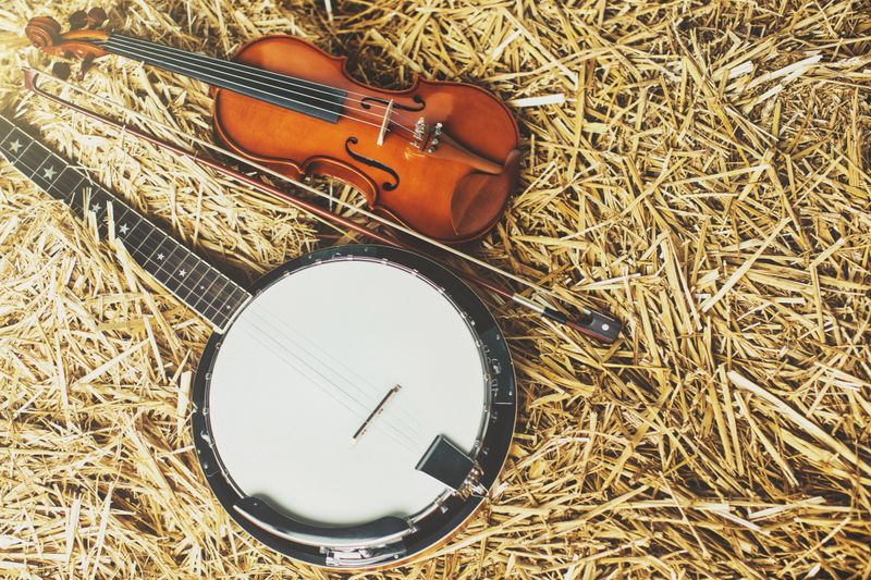 Traditional acoustic instruments in a rustic setting.