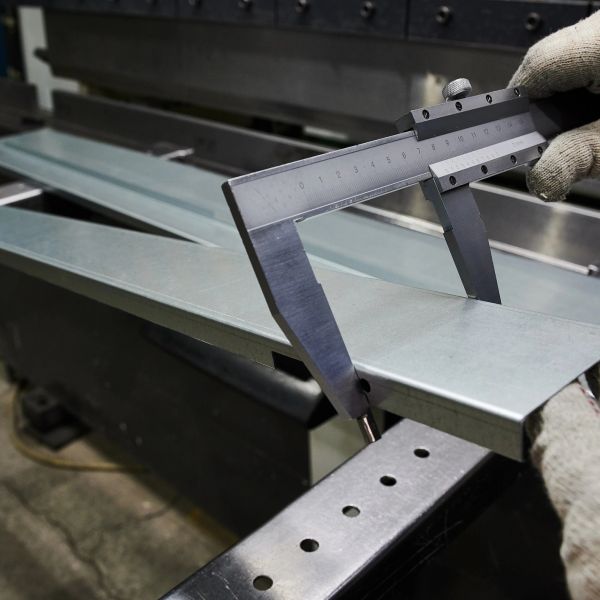 Measuring a metal sheet with calipers.