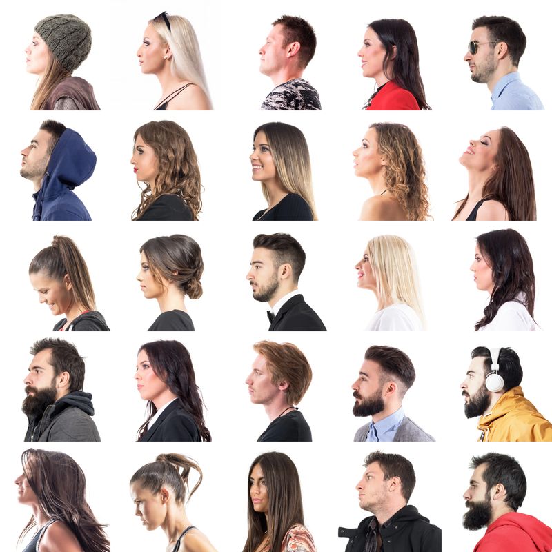 Collection of different profile side views of people head and faces with hairstyles isolated on white background.