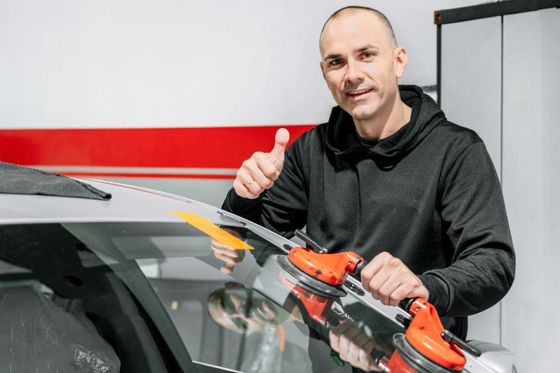 Automobile technician worker replacing windscreen or windshield of a car in auto service station garage. High quality photo