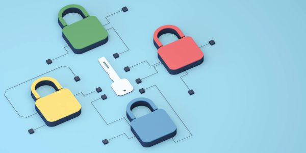 Colorful padlocks connected to a key symbol on blue background.