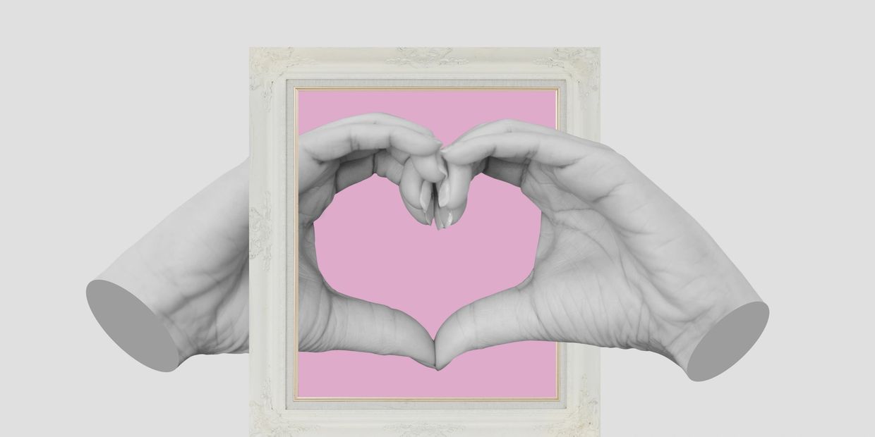 pop art heart hands in a frame for social media and newsletters