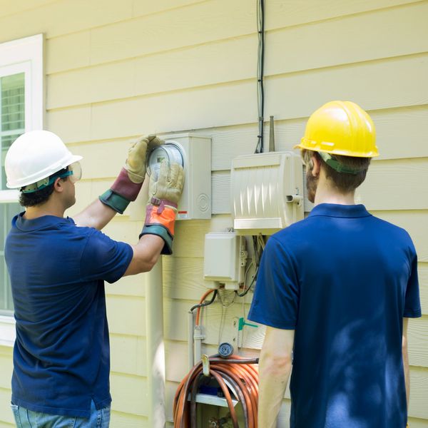 Two workers checking an electrical meter outside a house.