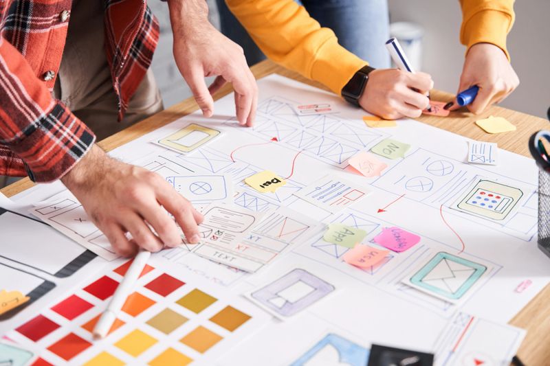 Top view of the UX designers drawing the application on paper. Mobile app template, web designer draws apps, application template for smartphone, tablet application mockup on paper, app creation concept